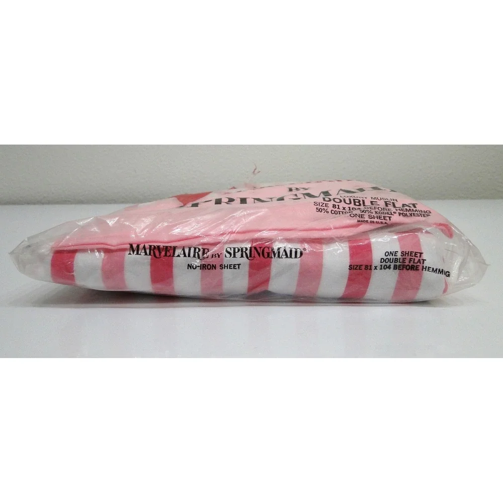 Vintage Springmaid Marvelaire Pink White Striped Double Flat Sheet New USA Made